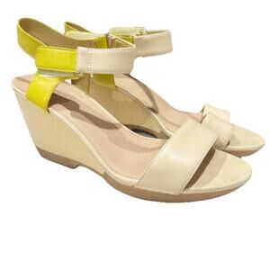 Camper Womens Laura Sandal Size 38/7 Wooden Wedge Heel Ankle Strap Cream Yellow